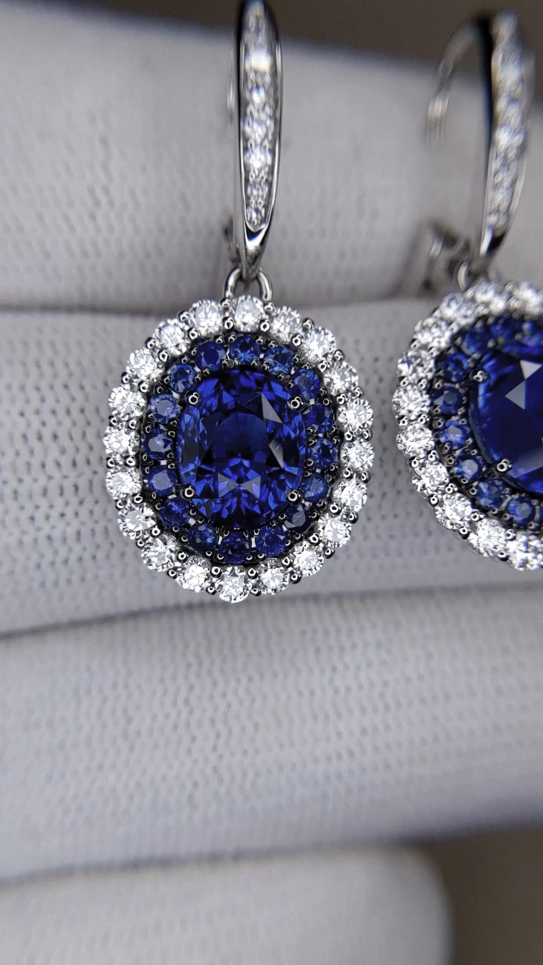 6.01 Ct.Tw.Total Carat Weight Blue Sapphire and Natural Diamond Pave Earrings, 18K White Gold Size Video