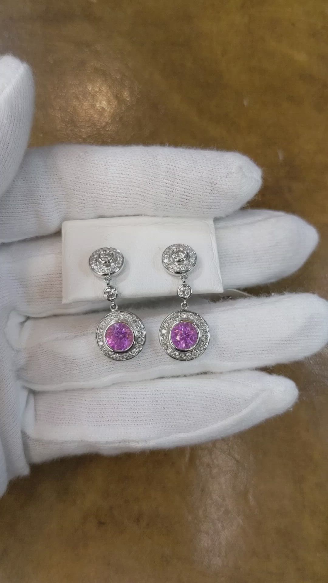2.08 Ct.Tw. Purplish Pink Sapphire and Natural Diamond Halo Earrings, 18K White Gold Size Video