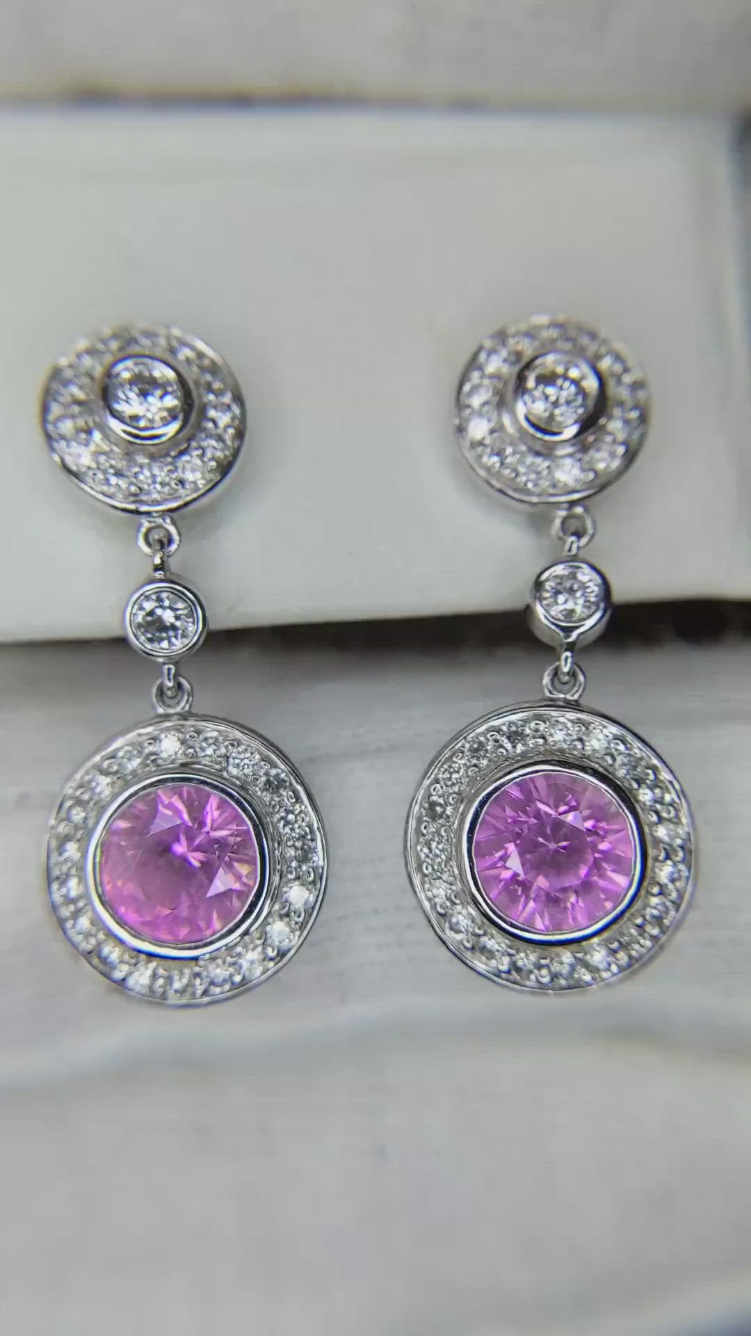 2.08 Ct.Tw. Purplish Pink Sapphire and Natural Diamond Halo Earrings, 18K White Gold Size Video