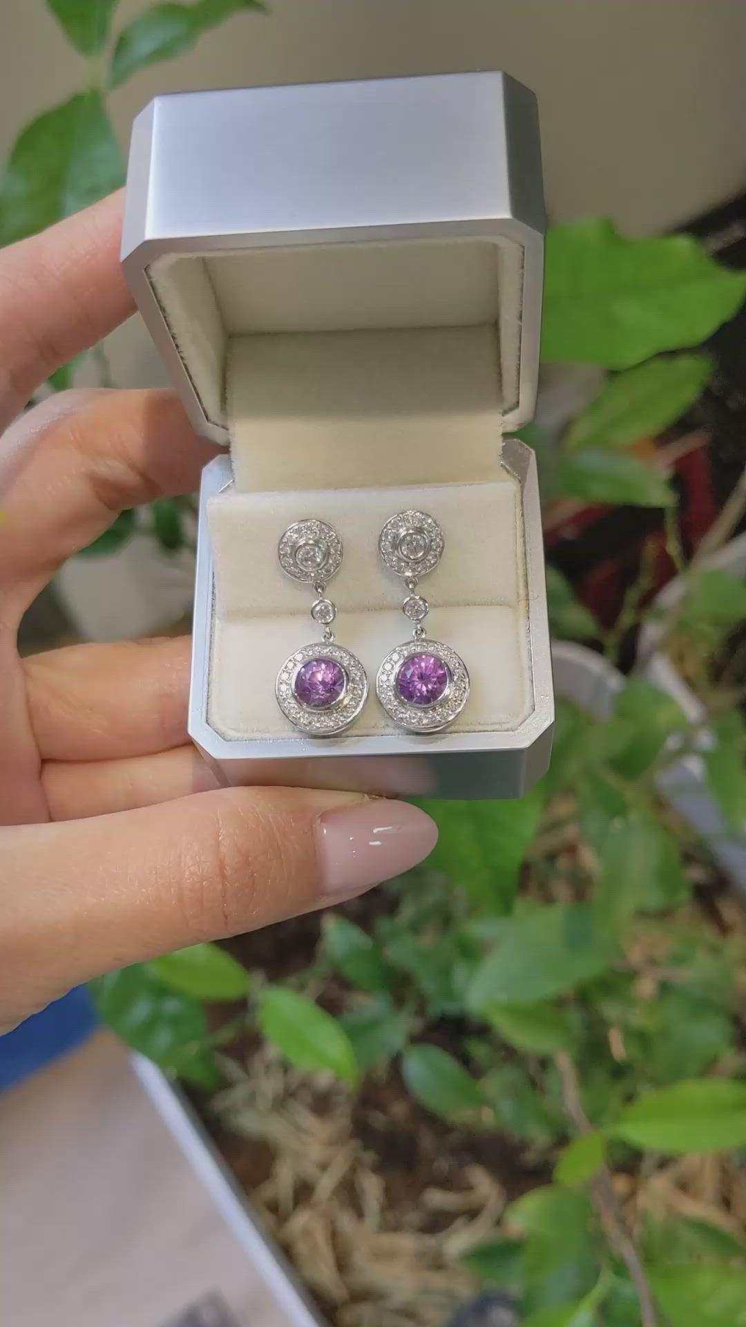 2.08&nbsp;Ct.Tw.Total Carat Weight Purplish Pink Sapphire and Natural Diamond Halo Earrings, 18K White Gold Size Video