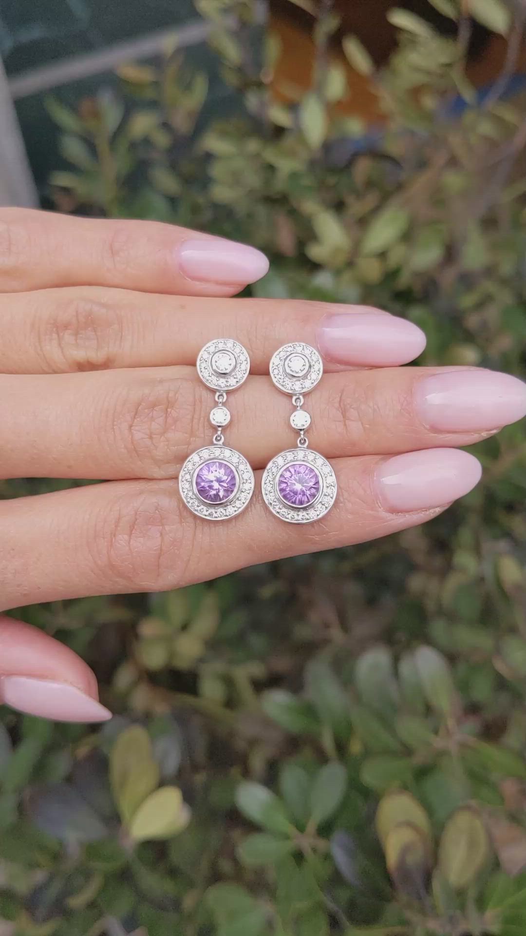 2.08&nbsp;Ct.Tw.Total Carat Weight Purplish Pink Sapphire and Natural Diamond Halo Earrings, 18K White Gold Size Video