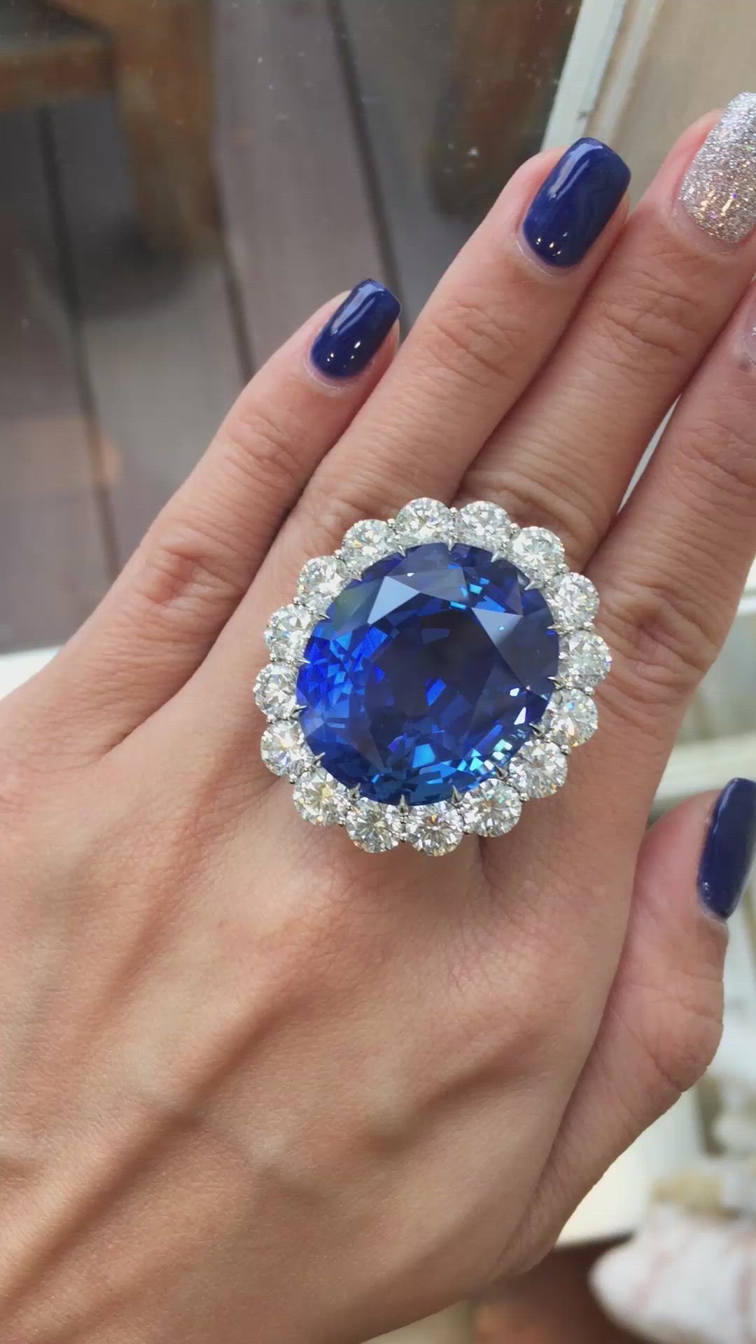 69.35 Ct. Blue Sapphire and Natural Diamond Halo Ring, Platinum 950 Size Video