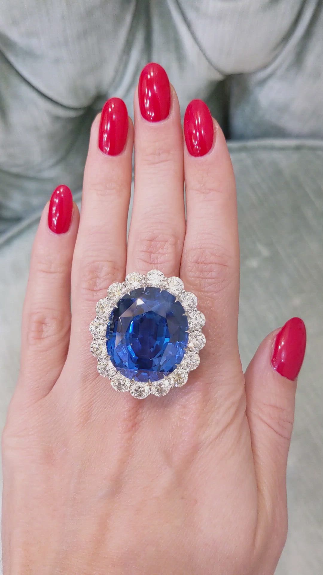 69.35 Ct. Blue Sapphire and Natural Diamond Halo Ring, Platinum 950 Size Video