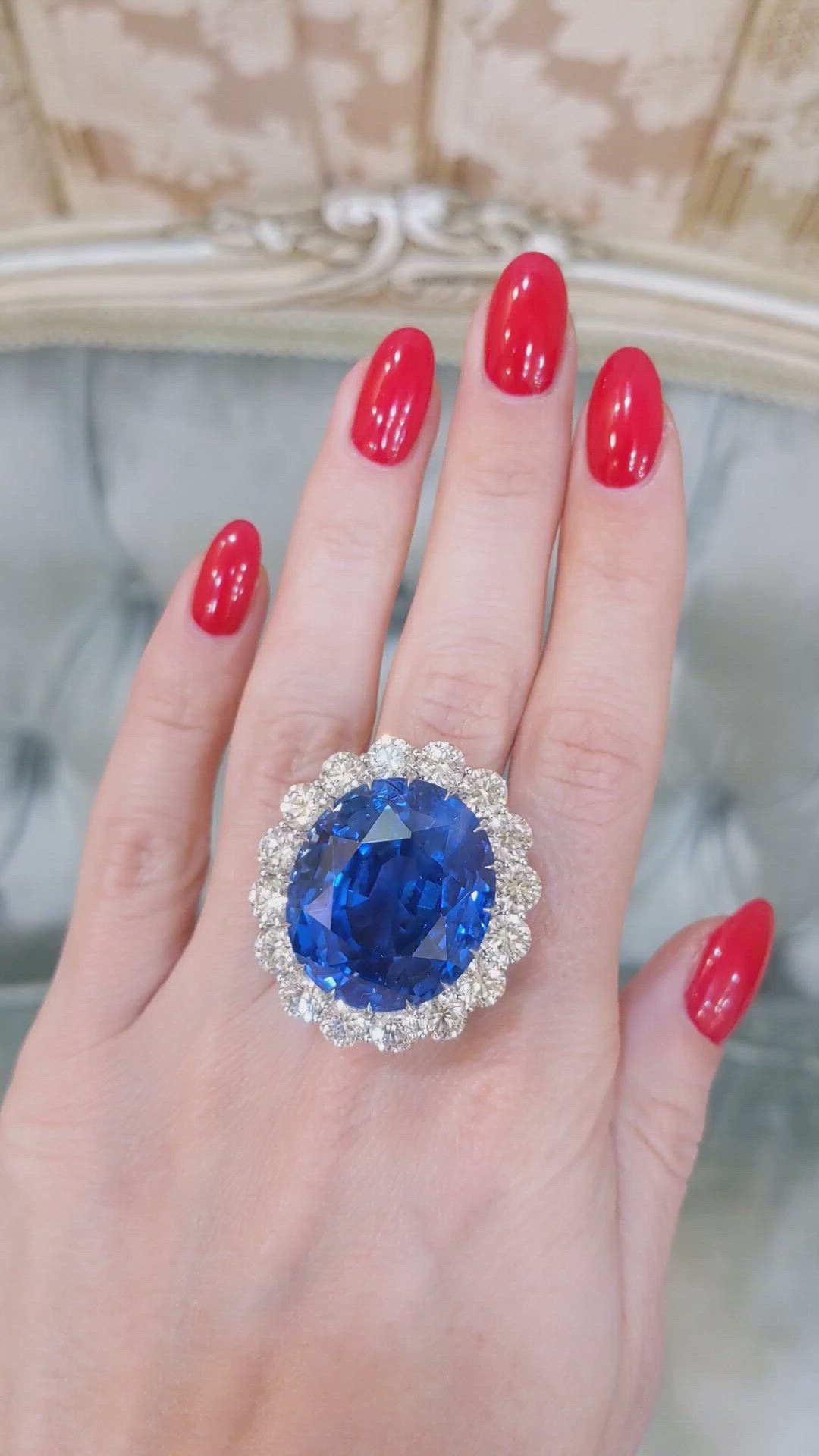 69.35 Ct. Blue Sapphire and Natural Diamond Halo Ring, Platinum 950 Size Video