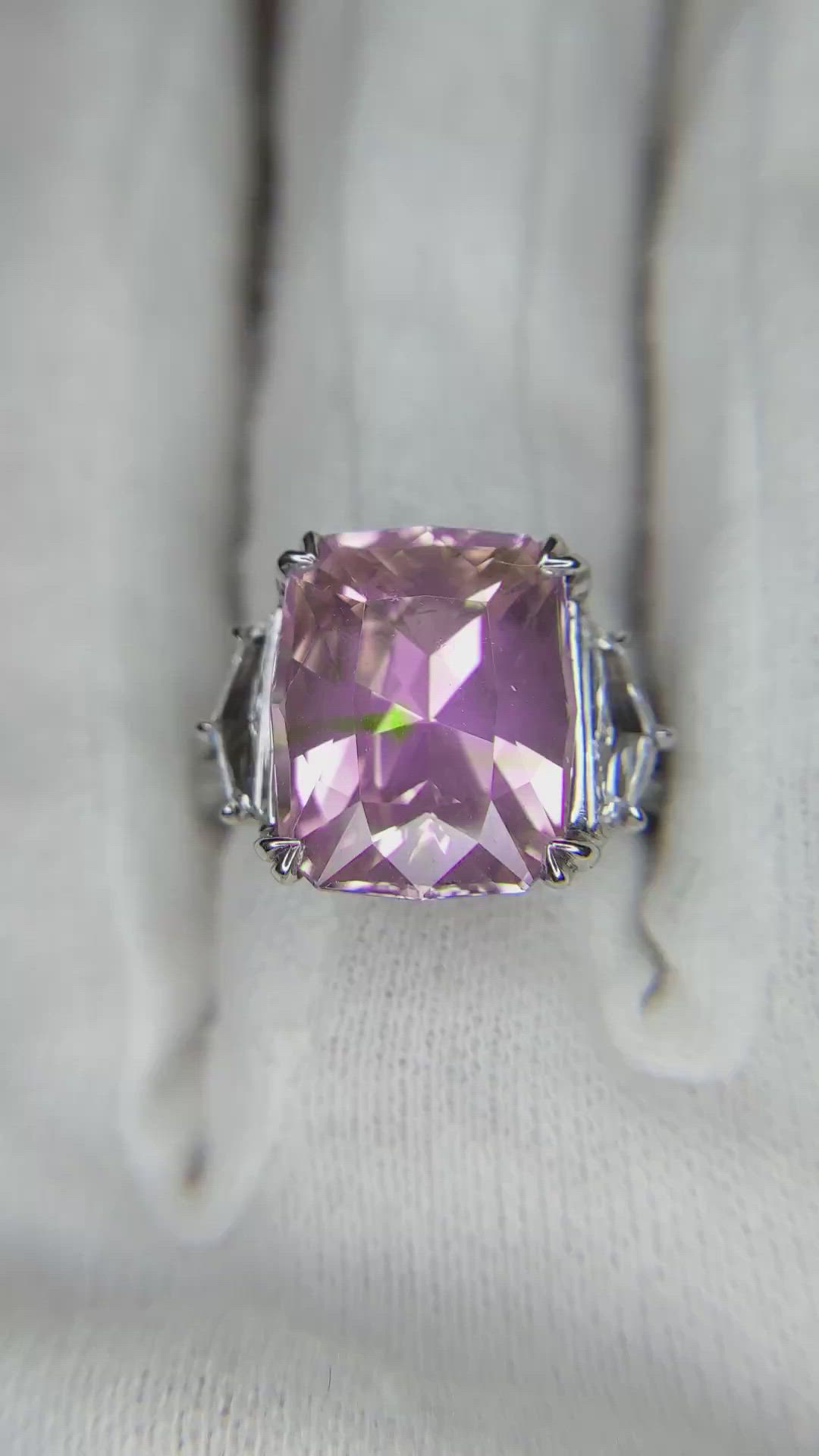 10.08 Ct. Purplish Pink Sapphire and Natural Diamond Three Stone Ring, Platinum 950 Size Video