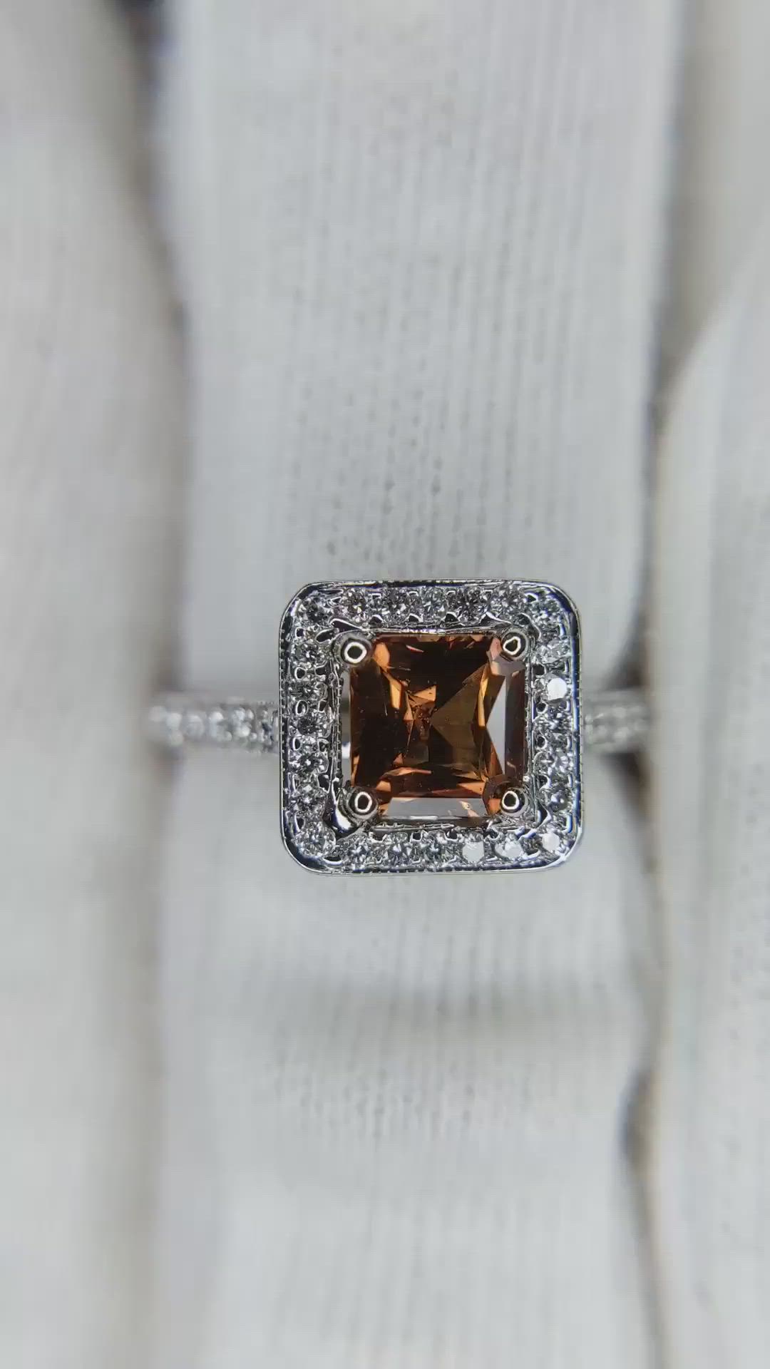 0.80 Ct. Orange Sapphire and Natural Diamond Antique Style Ring, 18K White Gold Size Video