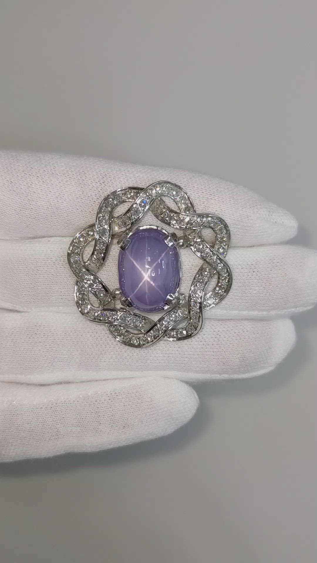 27.50 Ct. Bluish Purple Sapphire and Natural Diamond Accent Stones Brooch, 18K White Gold Size Video