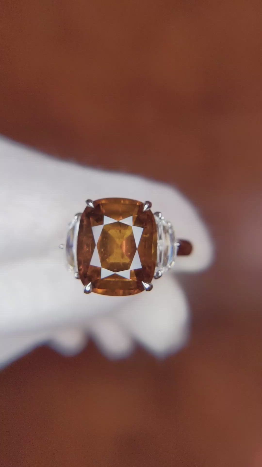 6.00 Ct. Orangish Brown Sapphire and Natural Diamond Three Stone Ring, Platinum 950 Size Video