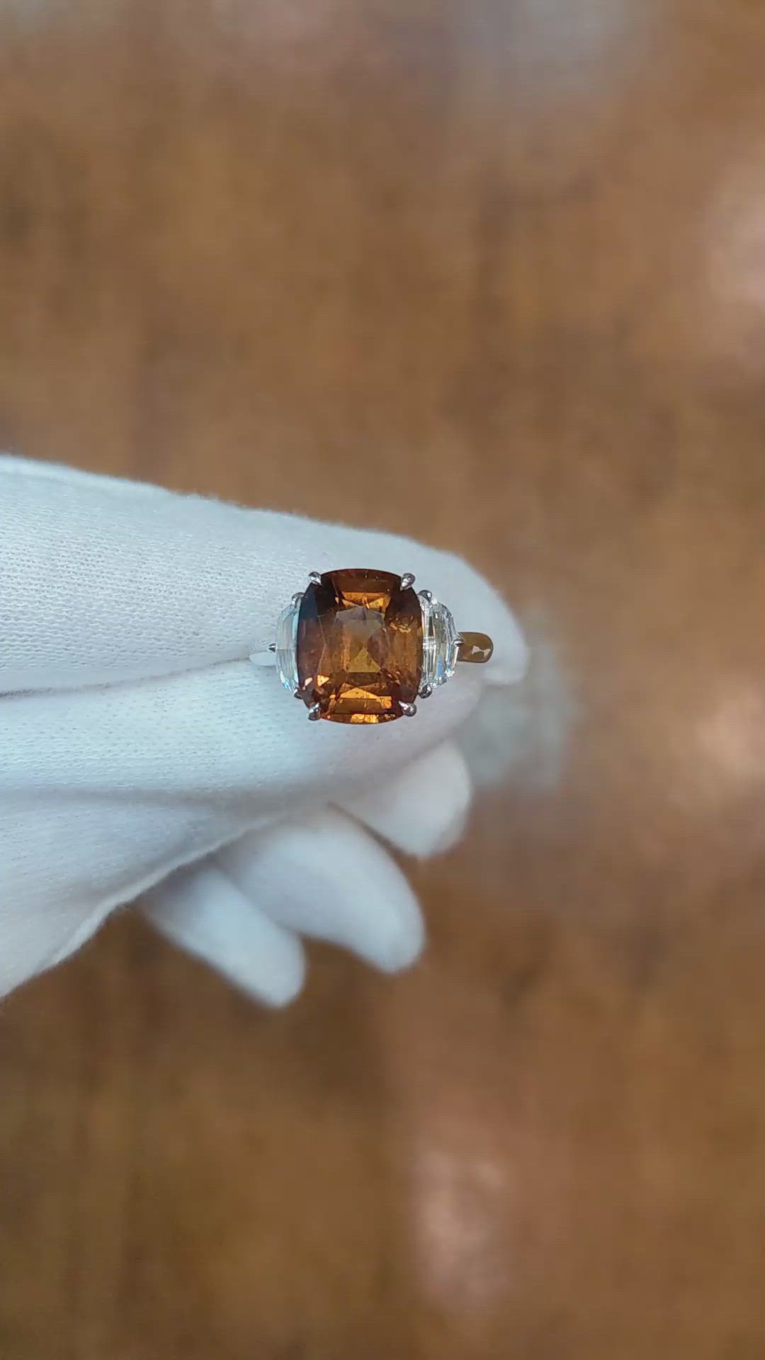 6.00 Ct. Orangish Brown Sapphire and Natural Diamond Three Stone Ring, Platinum 950 Size Video
