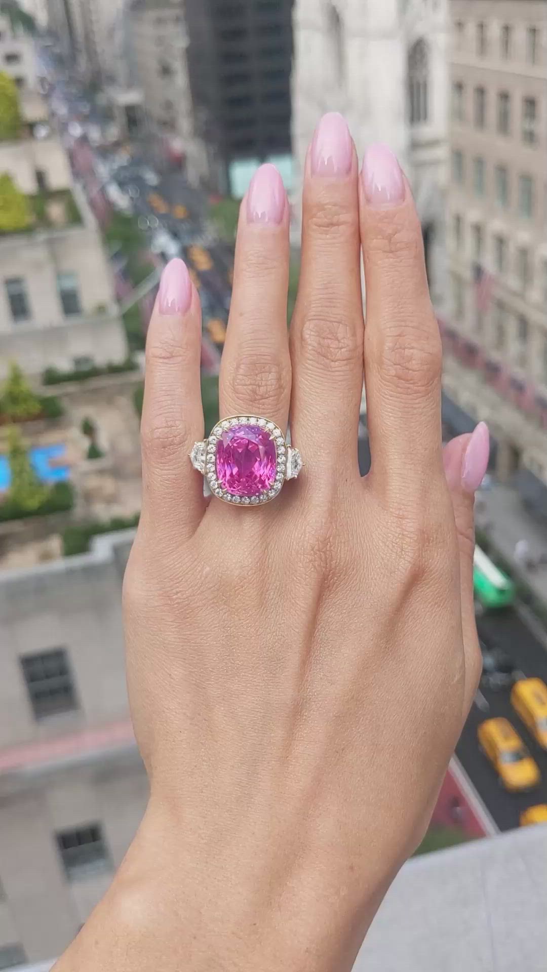 16.89 Ct. Pink Sapphire and Natural Diamond Antique Style Ring, 18K Yellow Gold Size Video