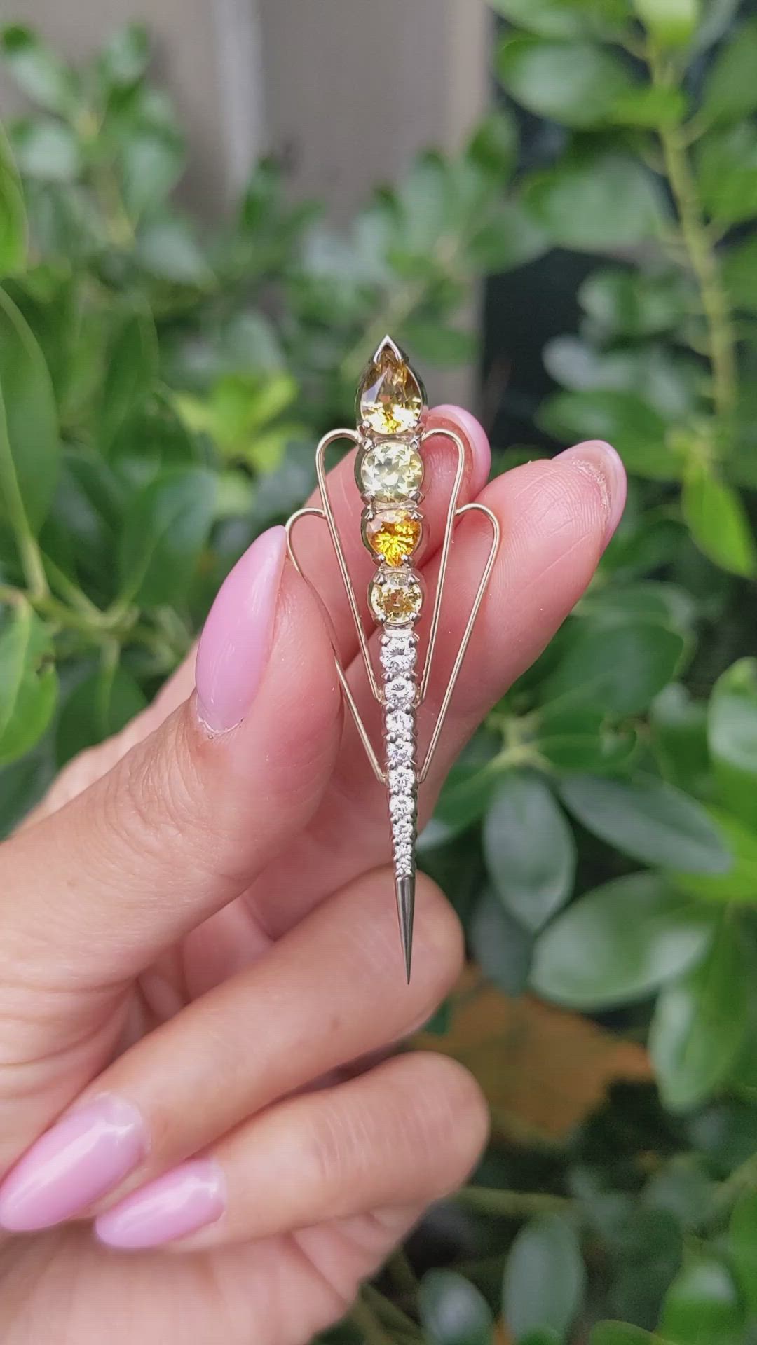 2.30 Ct. Yellow Sapphire and Natural Diamond Accent Stones Brooch, 18K White Gold Size Video