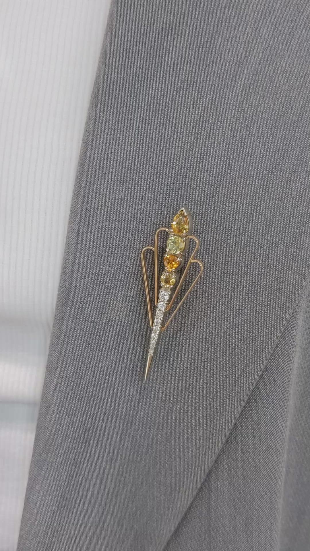2.30 Ct. Yellow Sapphire and Natural Diamond Accent Stones Brooch, 18K White Gold Size Video