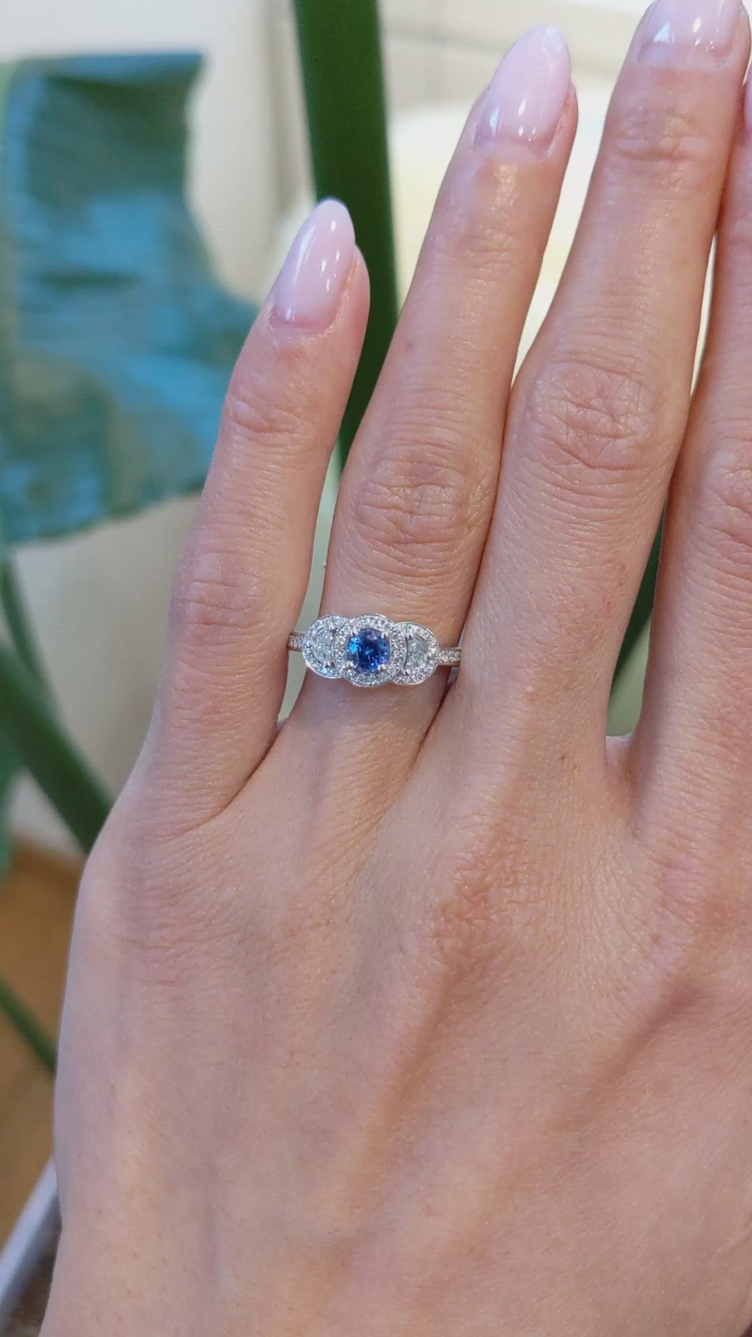 0.37 Ct. Blue Sapphire and Natural Diamond Pave Ring, 14K White Gold Size Video