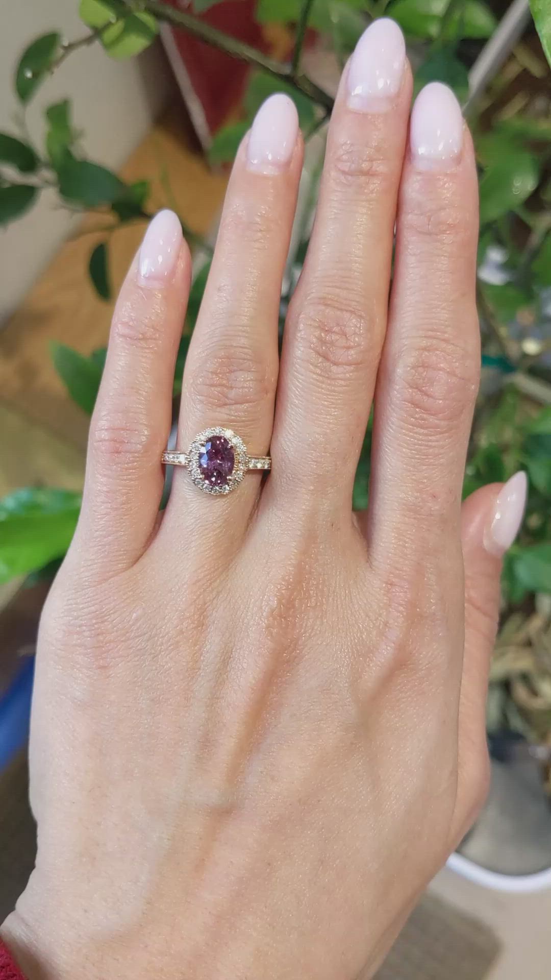 1.69 Ct. Reddish Pink Sapphire and Natural Diamond Pave Ring, 14K Rose Gold Size Video