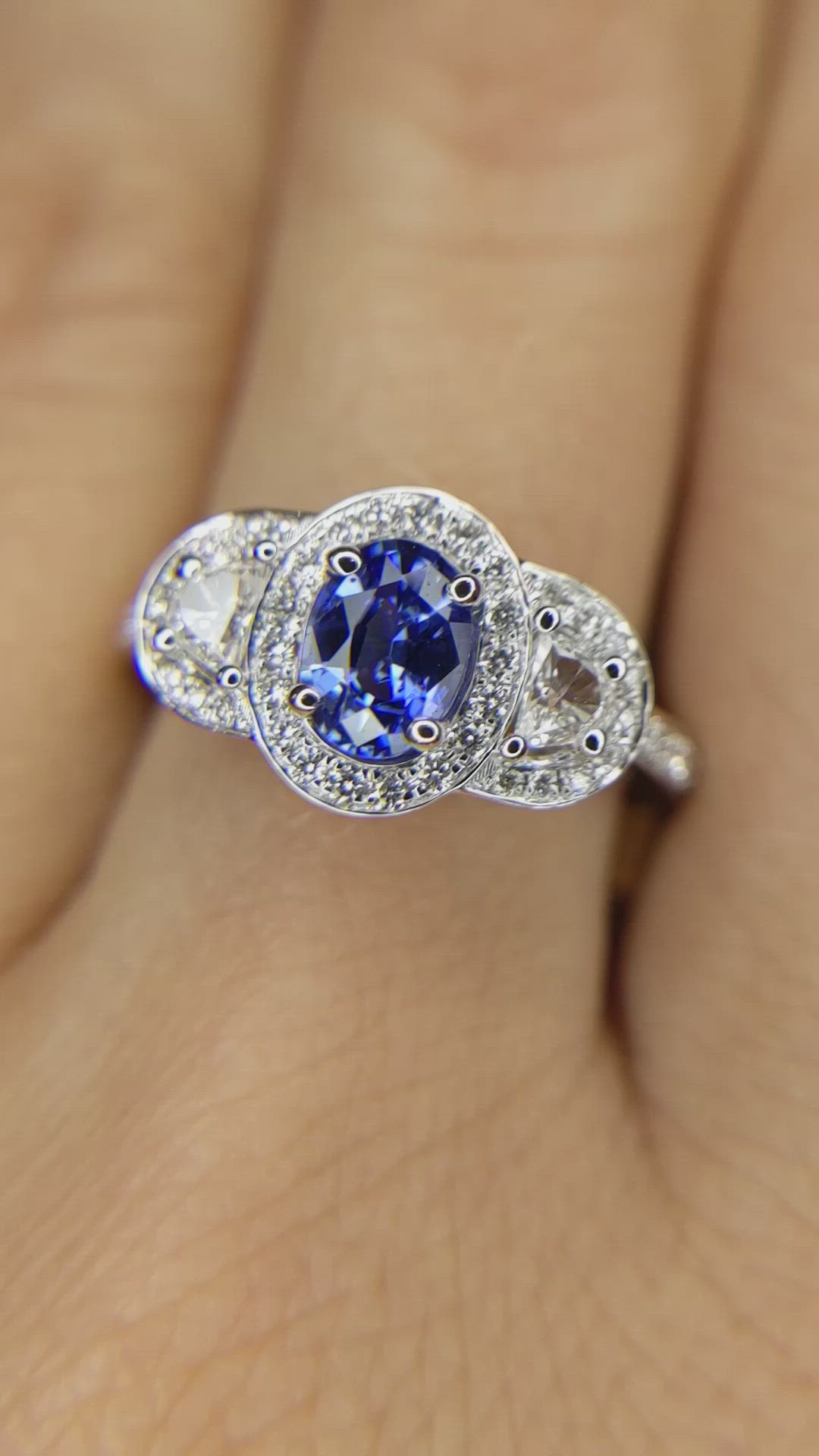 0.73 Ct. Blue Sapphire and Natural Diamond Antique Style Ring, 18K White Gold Size Video