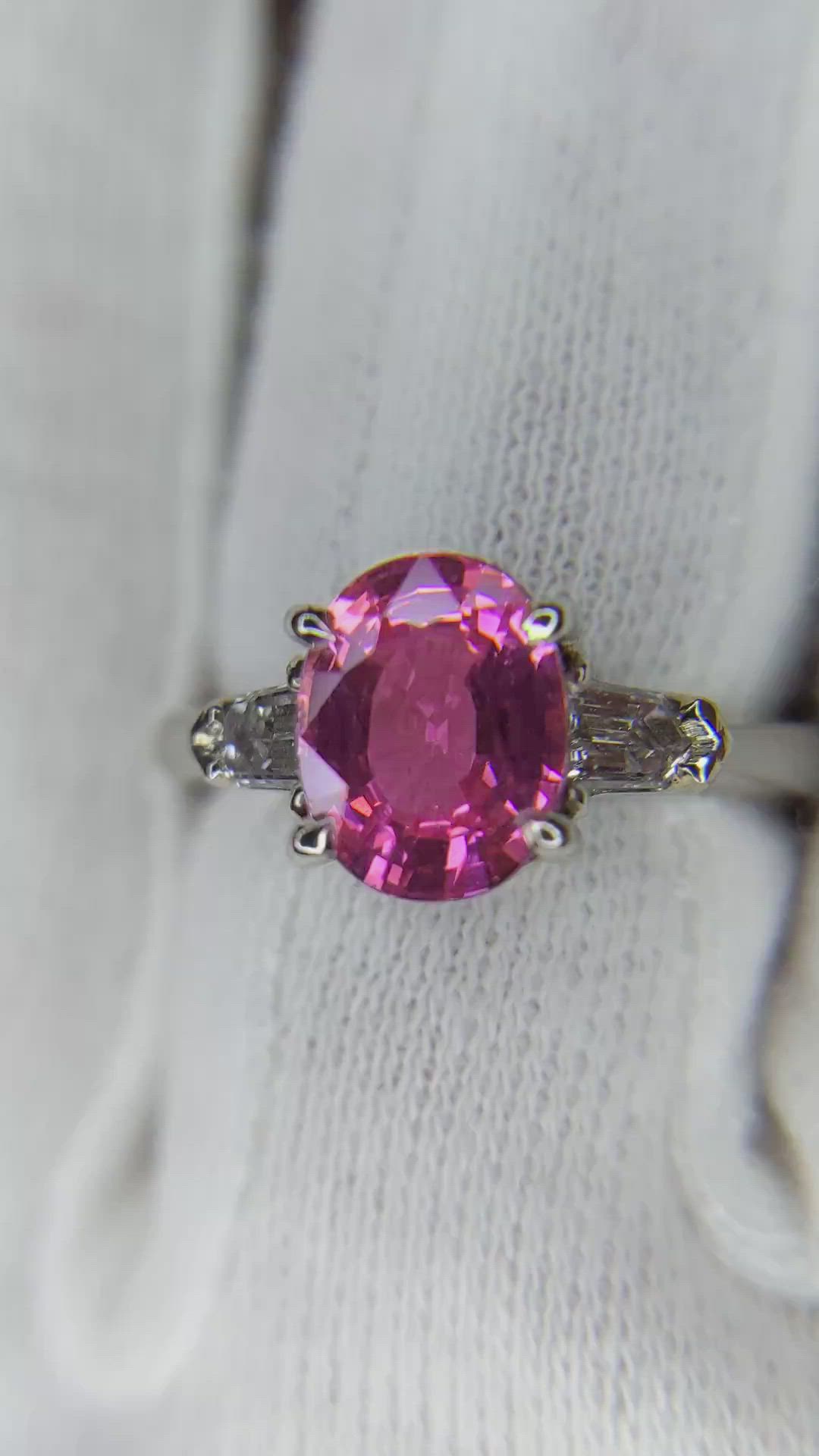 2.05 Ct. Pink Sapphire and Natural Diamond Three Stone Ring, Platinum 950 Size Video