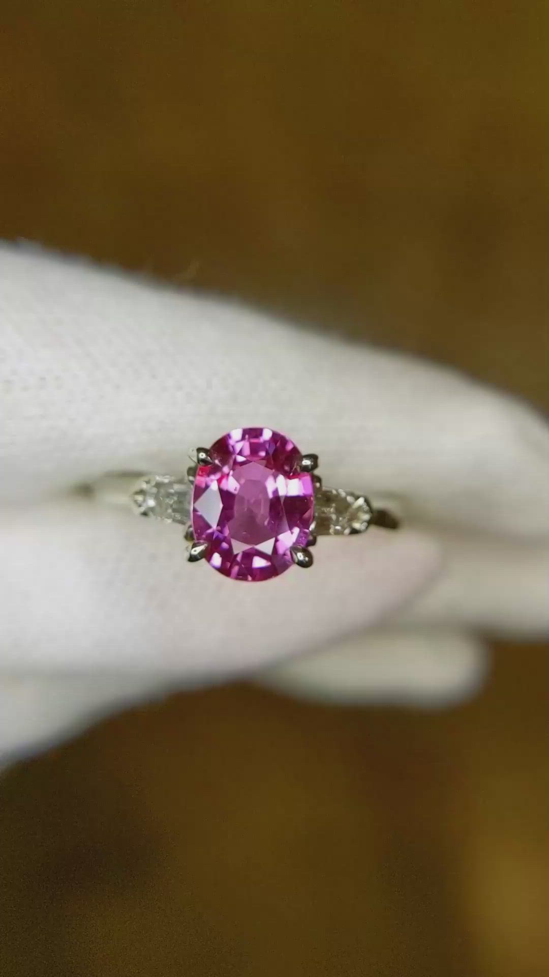 2.05 Ct. Pink Sapphire and Natural Diamond Three Stone Ring, Platinum 950 Size Video
