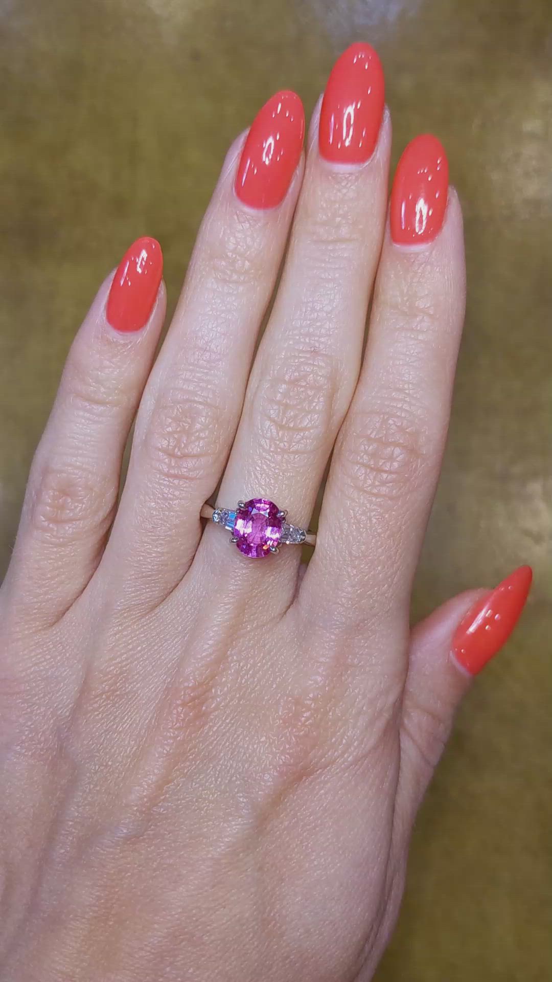 2.05 Ct. Pink Sapphire and Natural Diamond Three Stone Ring, Platinum 950 Size Video