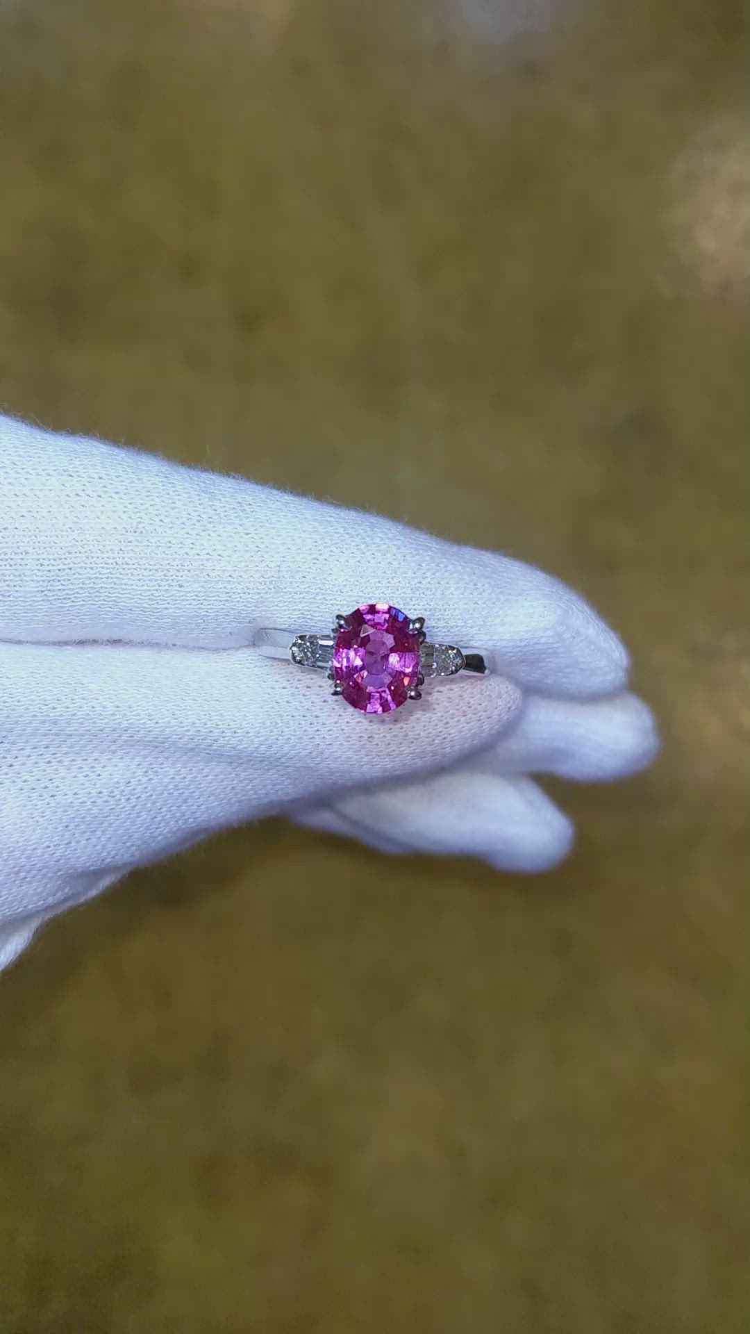 2.05 Ct. Pink Sapphire and Natural Diamond Three Stone Ring, Platinum 950 Size Video