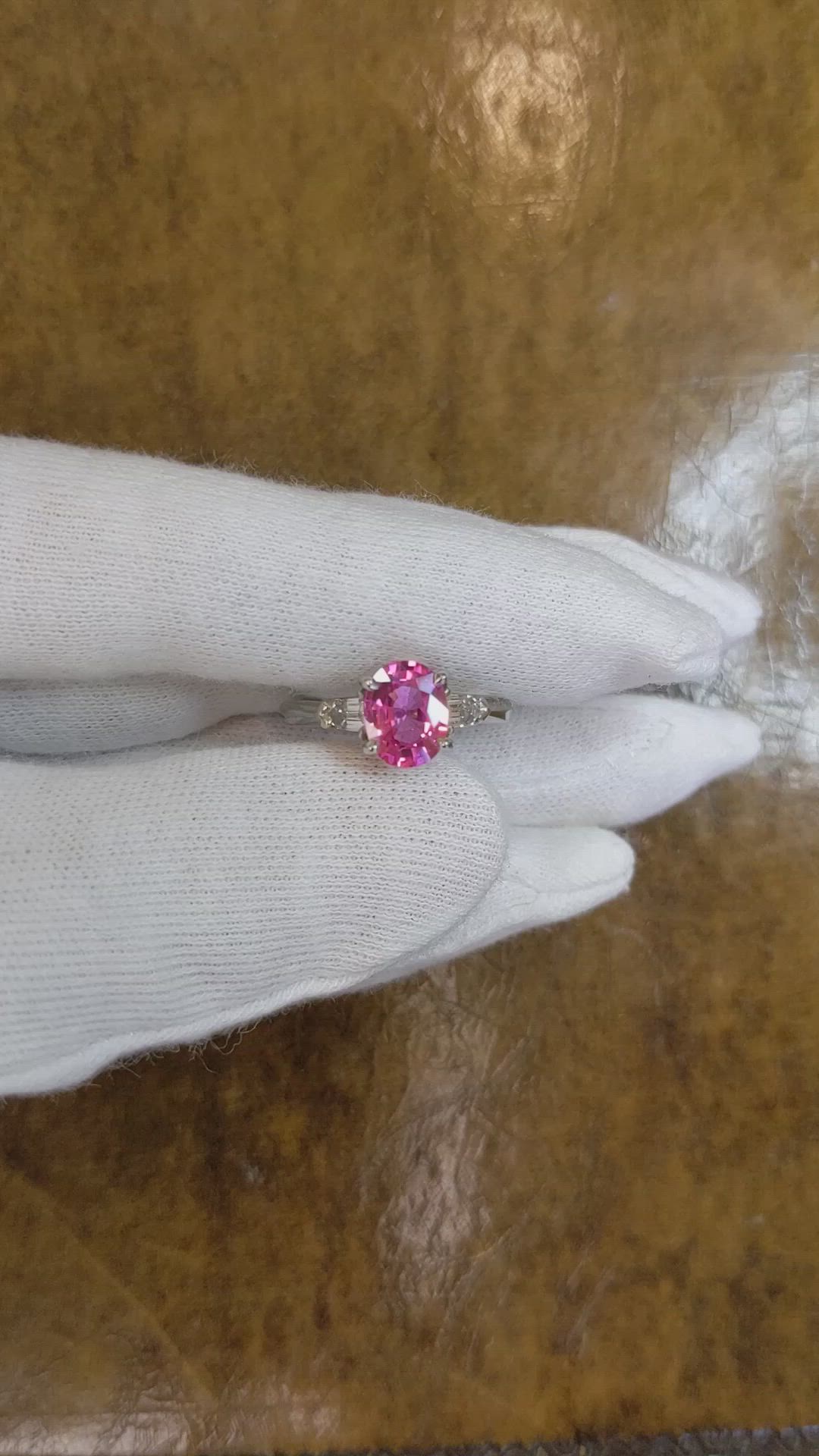 2.05 Ct. Pink Sapphire and Natural Diamond Three Stone Ring, Platinum 950 Size Video