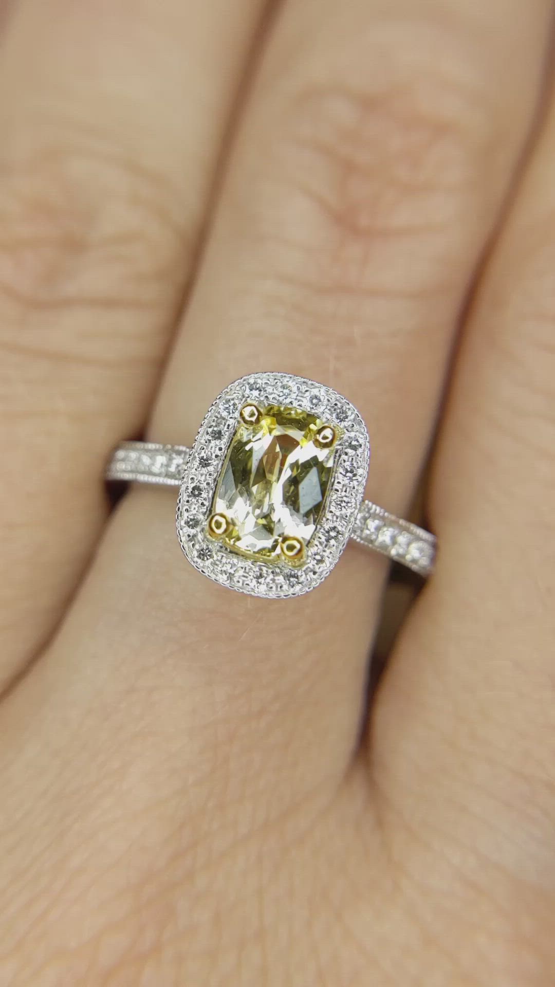 1.10 Ct. Yellow Sapphire and Natural Diamond Pave Ring, 14K White & Yellow Size Video
