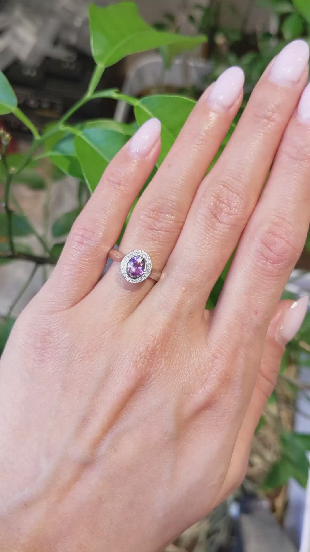 0.62 Ct. Purplish Pink Sapphire and Natural Diamond Halo Ring, 14K White Gold Size Video