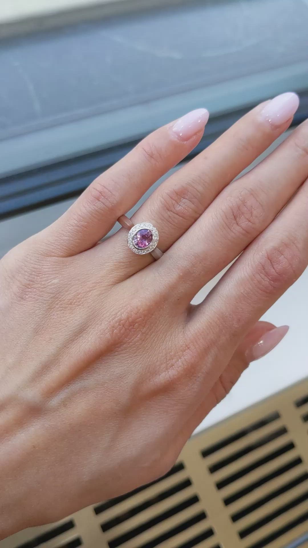 0.62 Ct. Purplish Pink Sapphire and Natural Diamond Halo Ring, 14K White Gold Size Video