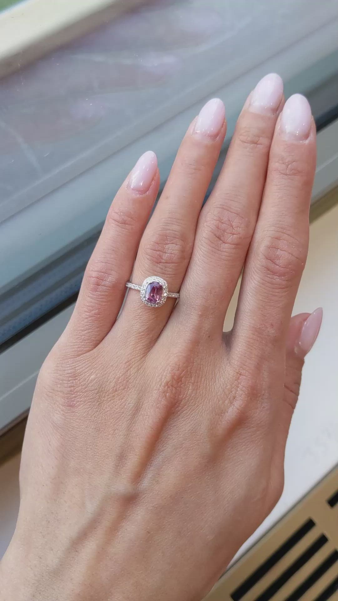 0.81 Ct. Pink Sapphire and Natural Diamond Pave Ring, 14K White Gold Size Video