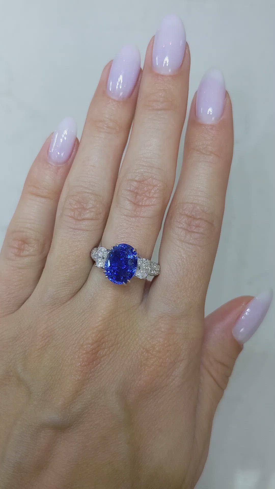 6.78 Ct. Blue Sapphire and Natural Diamond Three Stone Ring, Platinum 950 Size Video