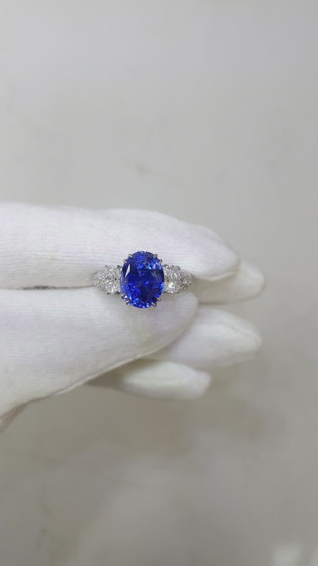6.78 Ct. Blue Sapphire and Natural Diamond Three Stone Ring, Platinum 950 Size Video