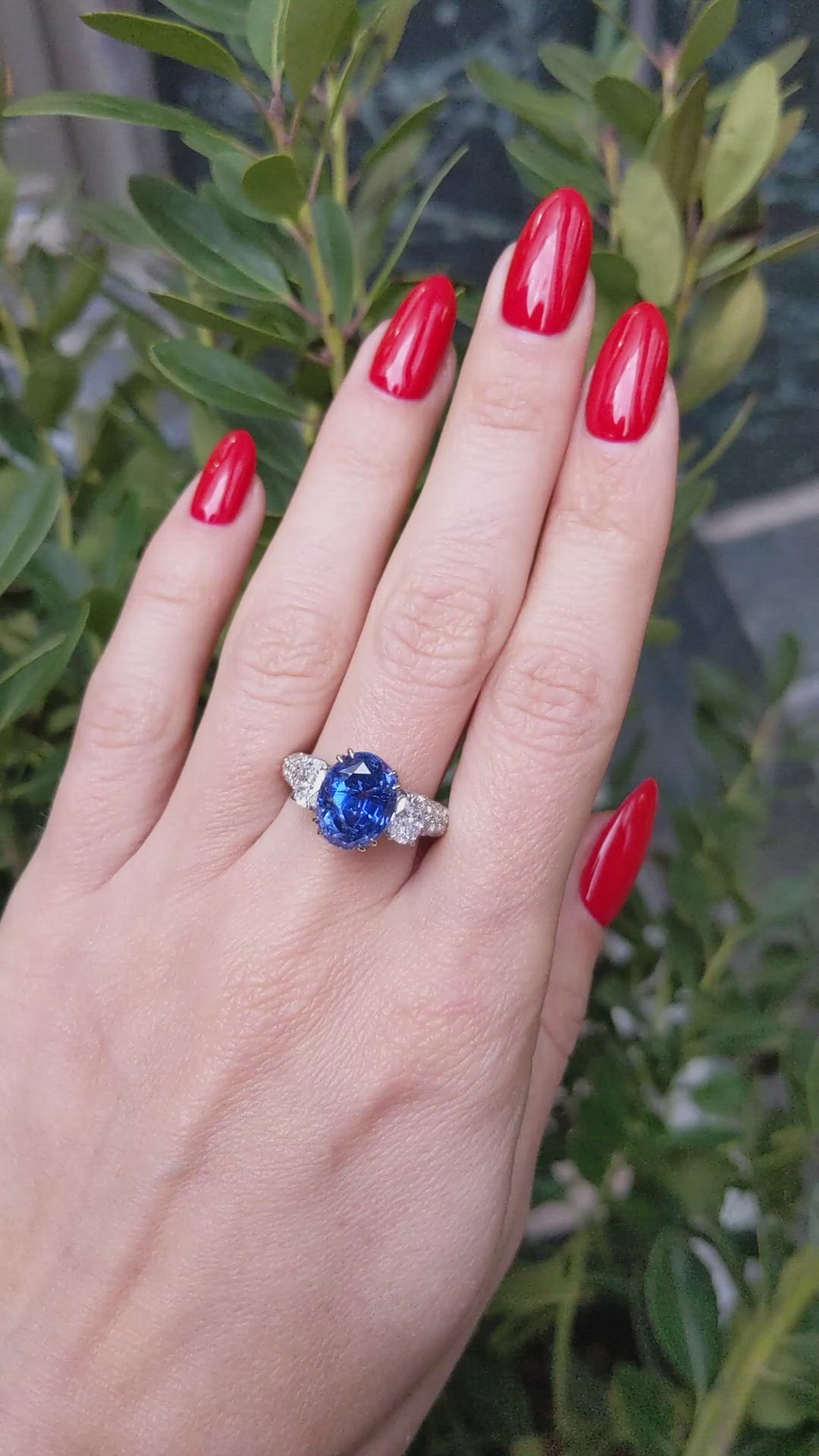 6.78 Ct. Blue Sapphire and Natural Diamond Three Stone Ring, Platinum 950 Size Video