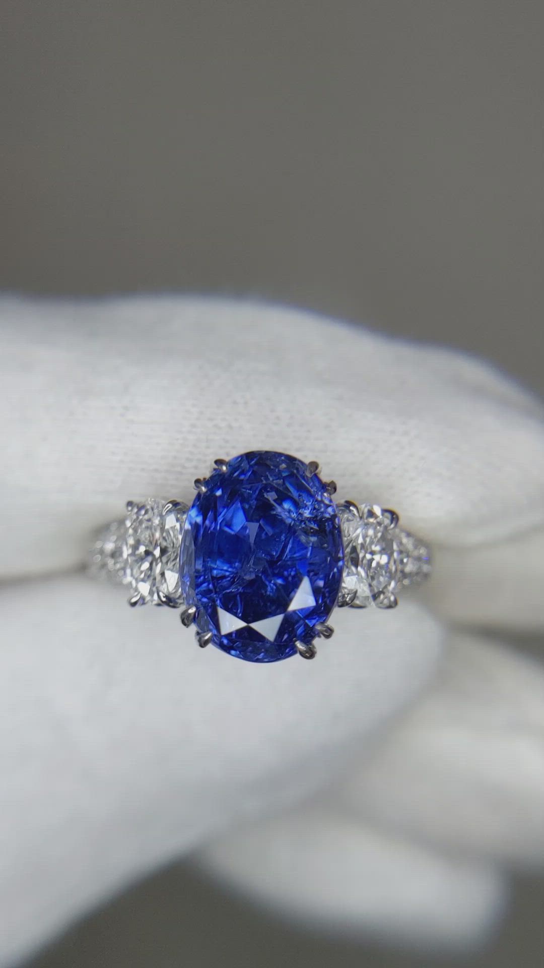 6.78 Ct. Blue Sapphire and Natural Diamond Three Stone Ring, Platinum 950 Size Video