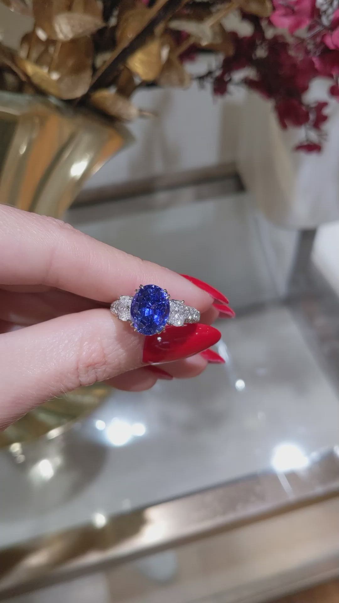 6.78 Ct. Blue Sapphire and Natural Diamond Three Stone Ring, Platinum 950 Size Video