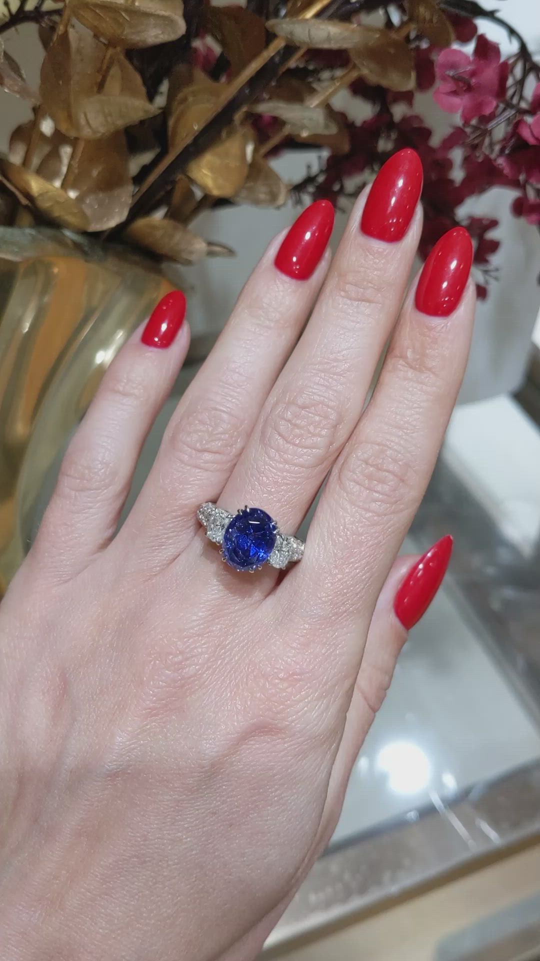 6.78 Ct. Blue Sapphire and Natural Diamond Three Stone Ring, Platinum 950 Size Video