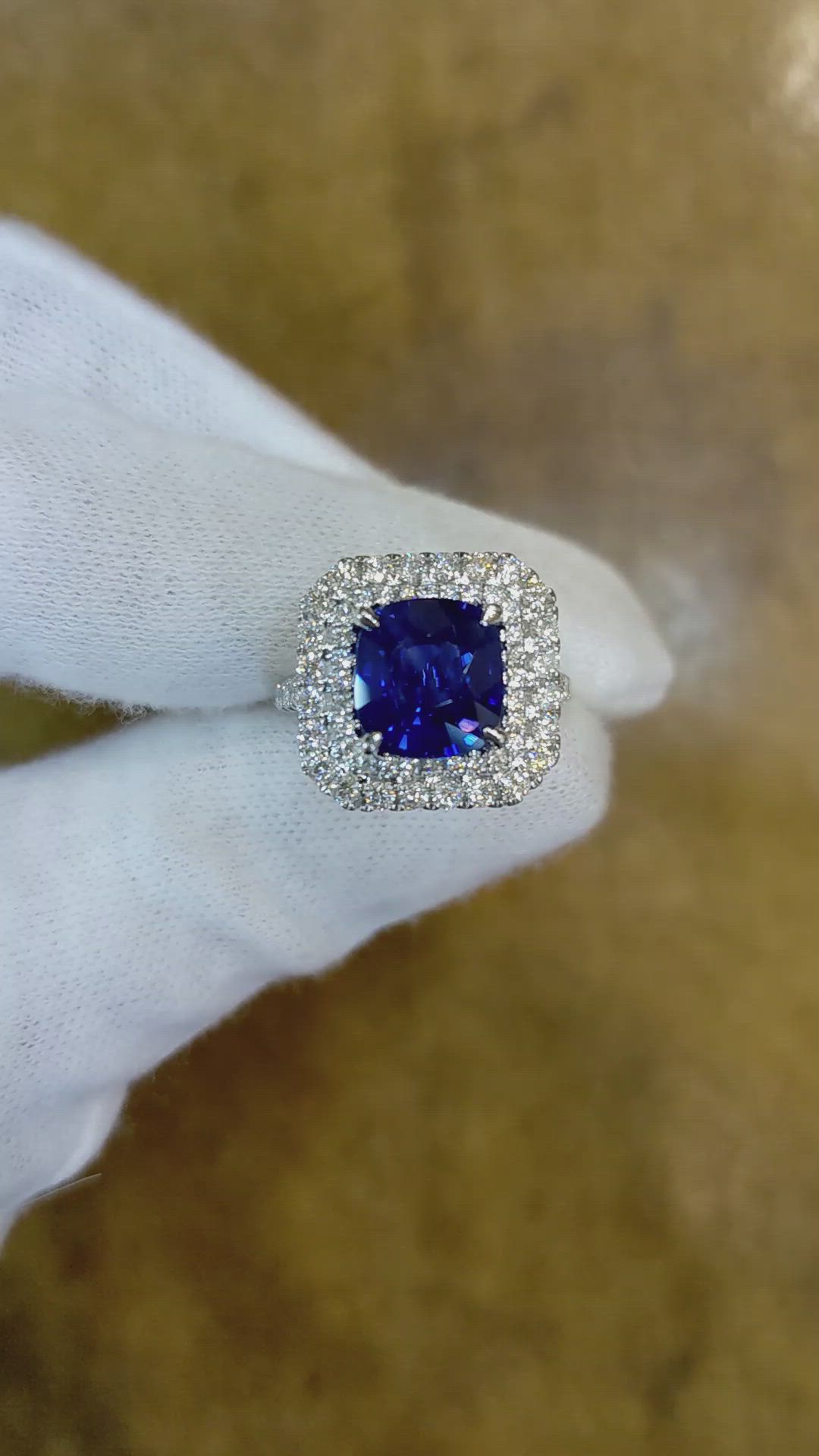 4.35 Ct. Blue Sapphire and Natural Diamond Antique Style Ring, 18K White Gold Size Video
