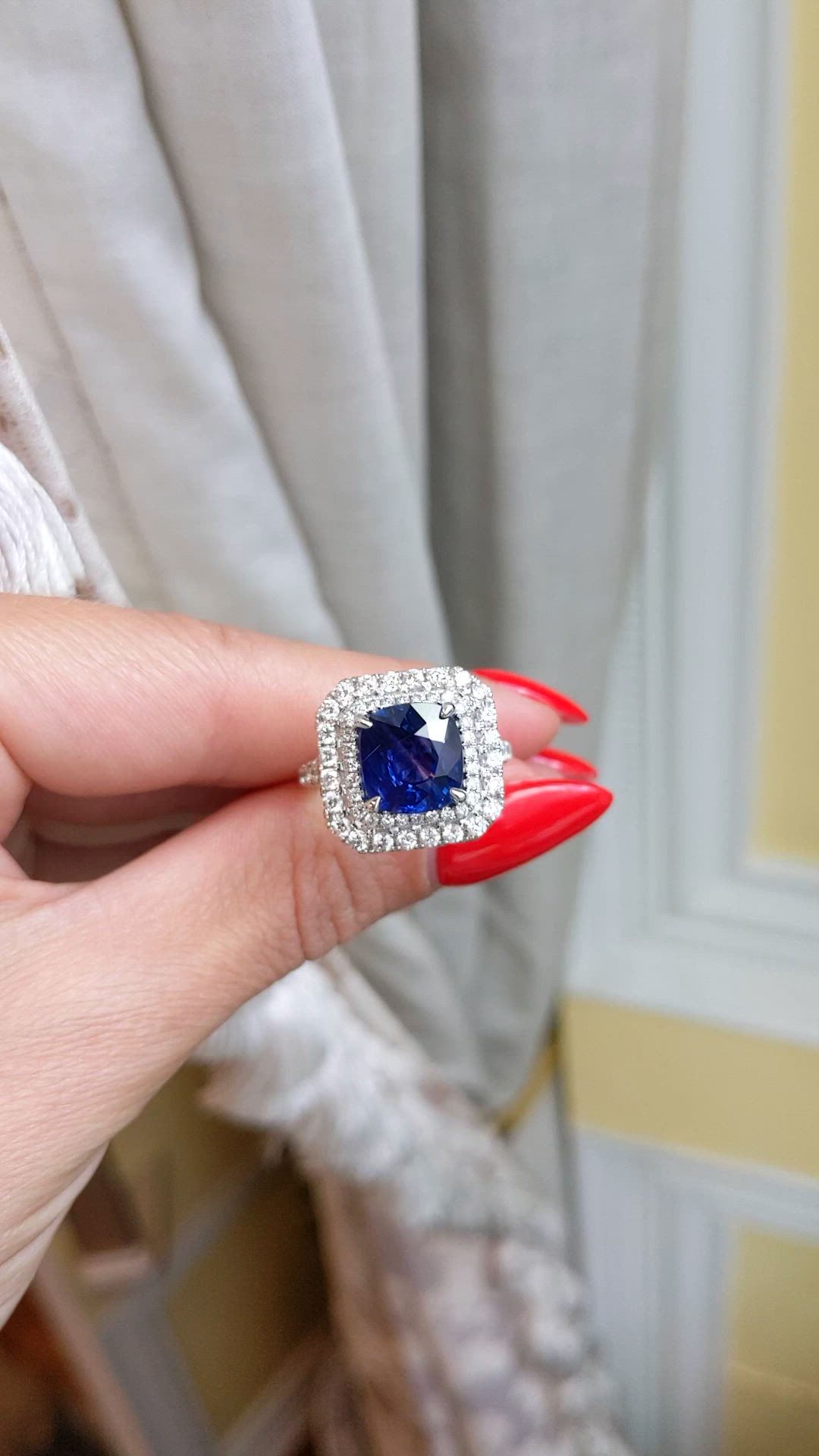 4.35 Ct. Blue Sapphire and Natural Diamond Antique Style Ring, 18K White Gold Size Video