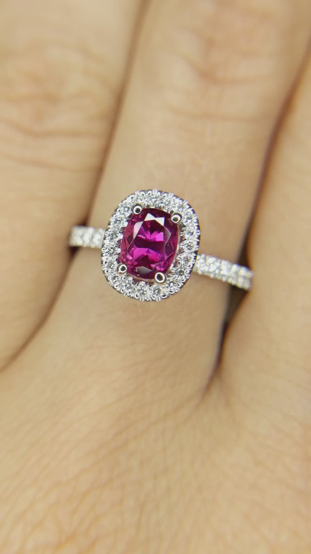 0.95 Ct. Pink Sapphire and Natural Diamond Pave Ring, 14K White Gold Size Video