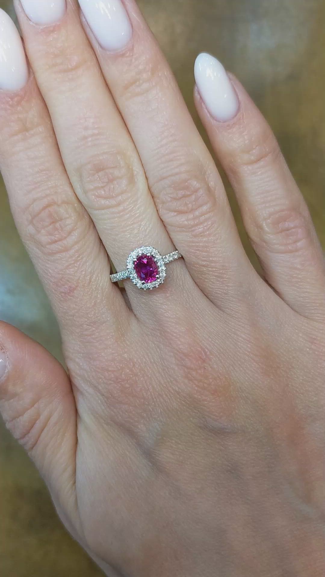 0.95 Ct. Pink Sapphire and Natural Diamond Pave Ring, 14K White Gold Size Video