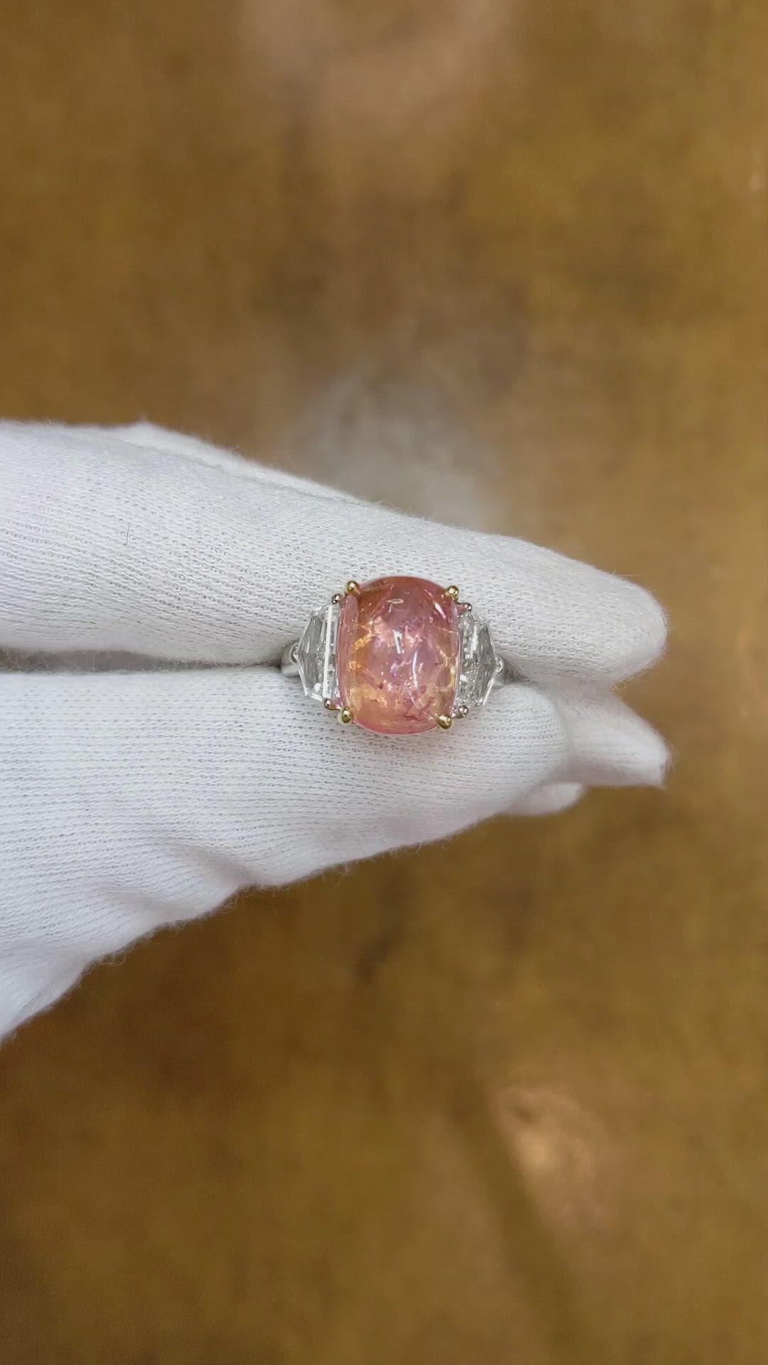 7.60 Ct. Padparadscha Sapphire and Natural Diamond Three Stone Ring, 18K White & Yellow Size Video