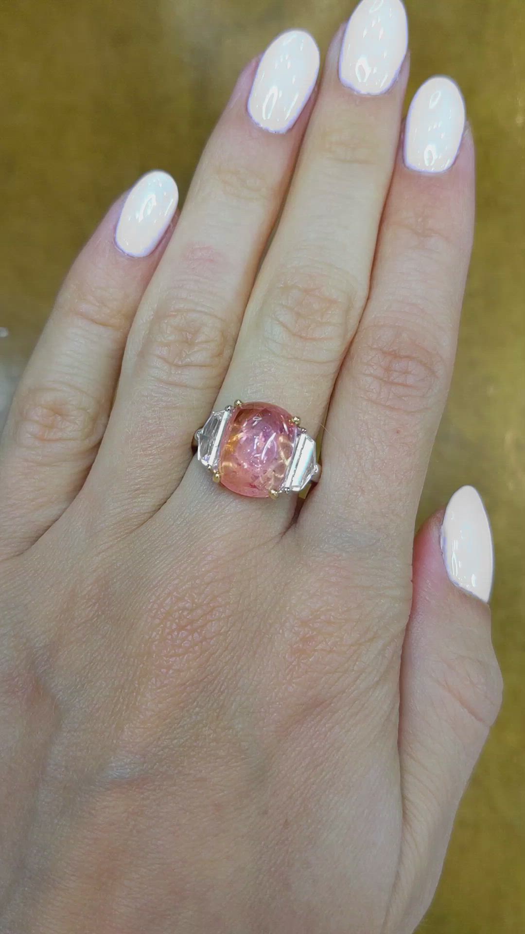 7.60 Ct. Padparadscha Sapphire and Natural Diamond Three Stone Ring, 18K White & Yellow Size Video