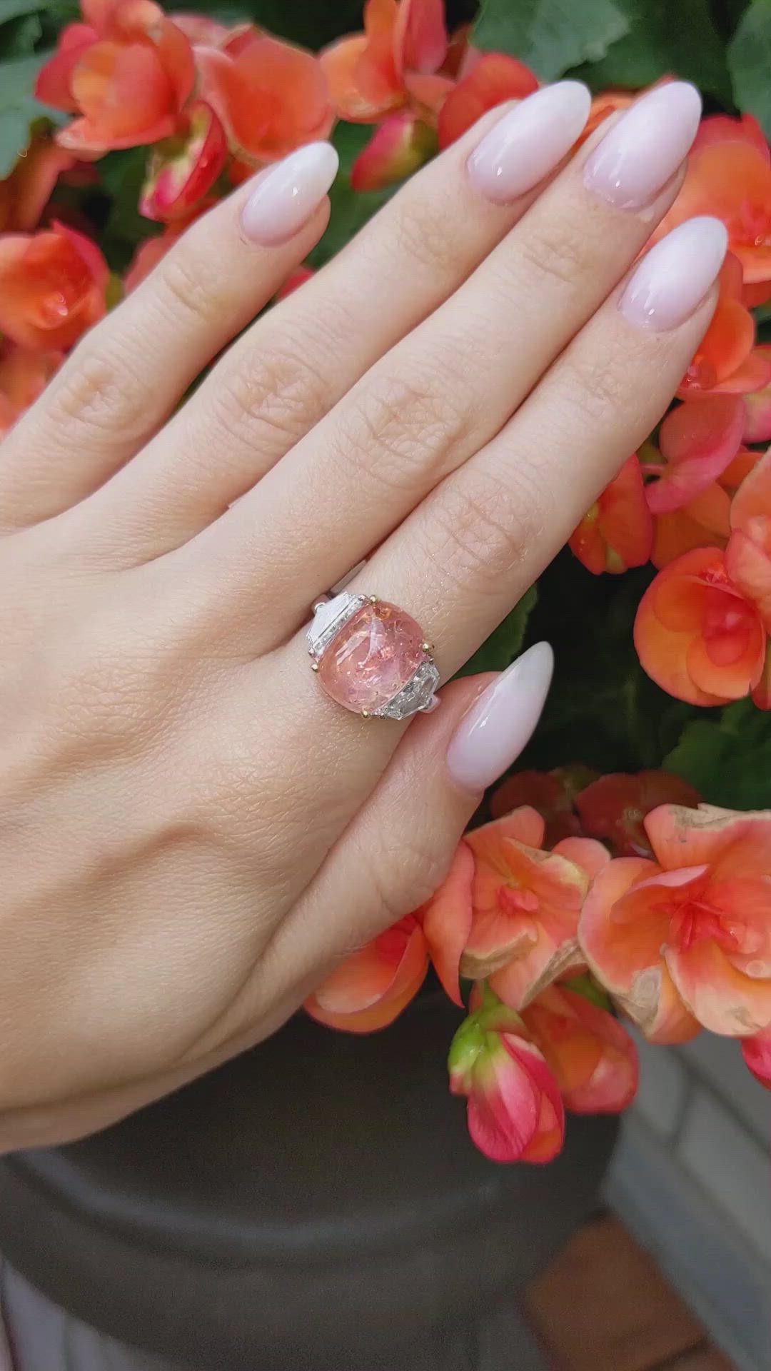 7.60 Ct. Padparadscha Sapphire and Natural Diamond Three Stone Ring, 18K White & Yellow Size Video