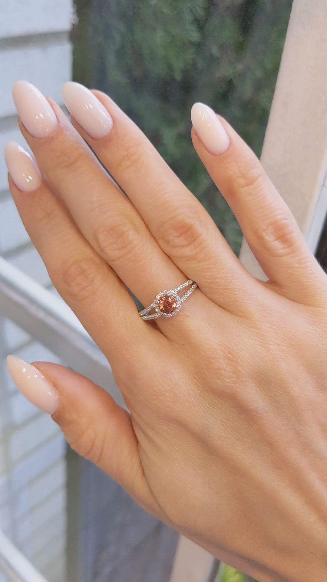 0.70 Ct. Reddish Orange Sapphire and Natural Diamond Pave Ring, 14K White Gold Size Video