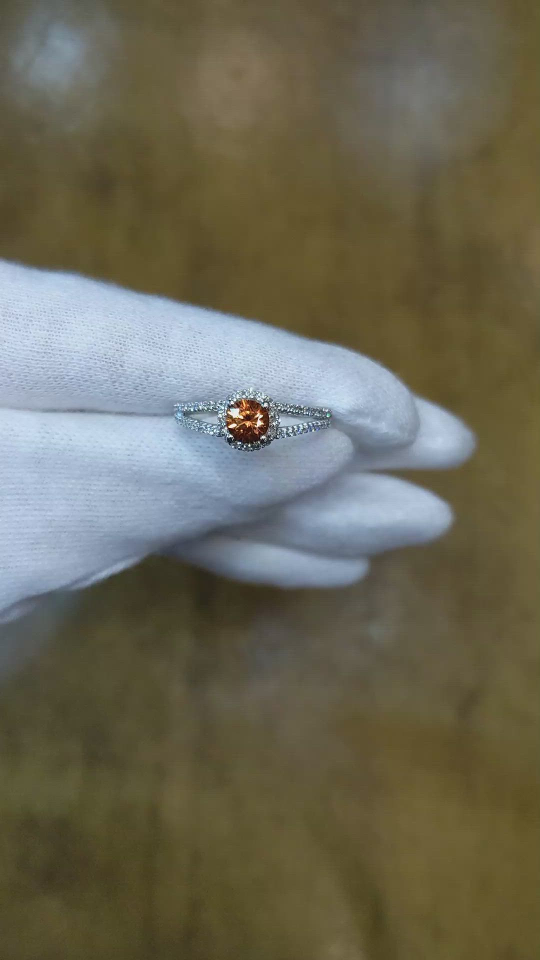 0.70 Ct. Reddish Orange Sapphire and Natural Diamond Pave Ring, 14K White Gold Size Video