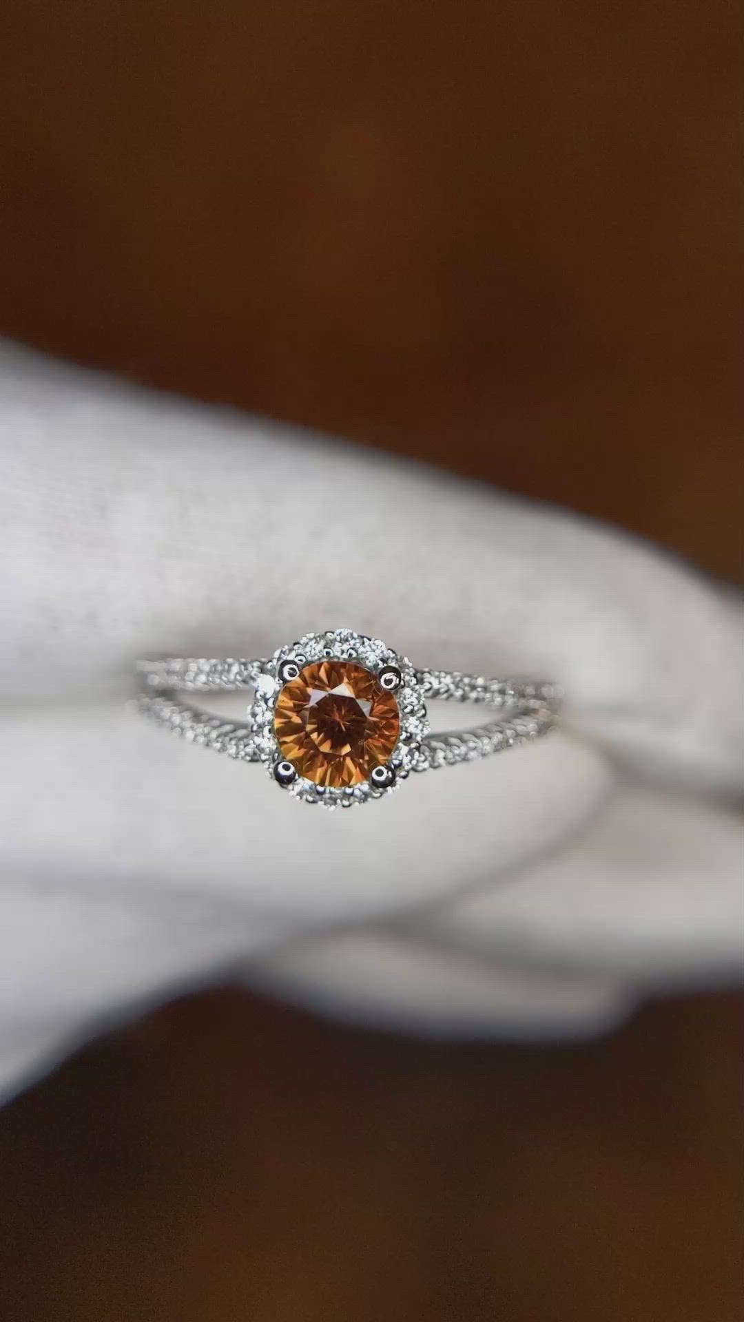 0.70 Ct. Reddish Orange Sapphire and Natural Diamond Pave Ring, 14K White Gold Size Video