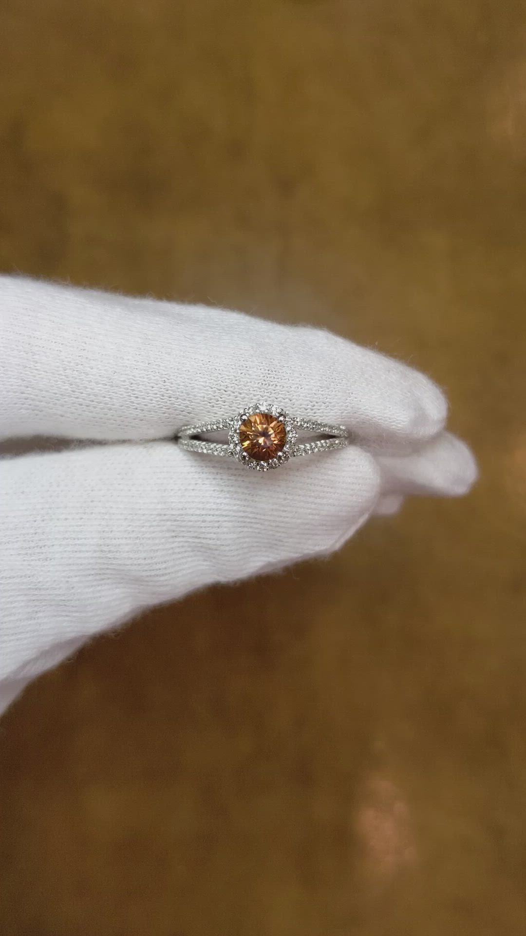 0.70 Ct. Reddish Orange Sapphire and Natural Diamond Pave Ring, 14K White Gold Size Video