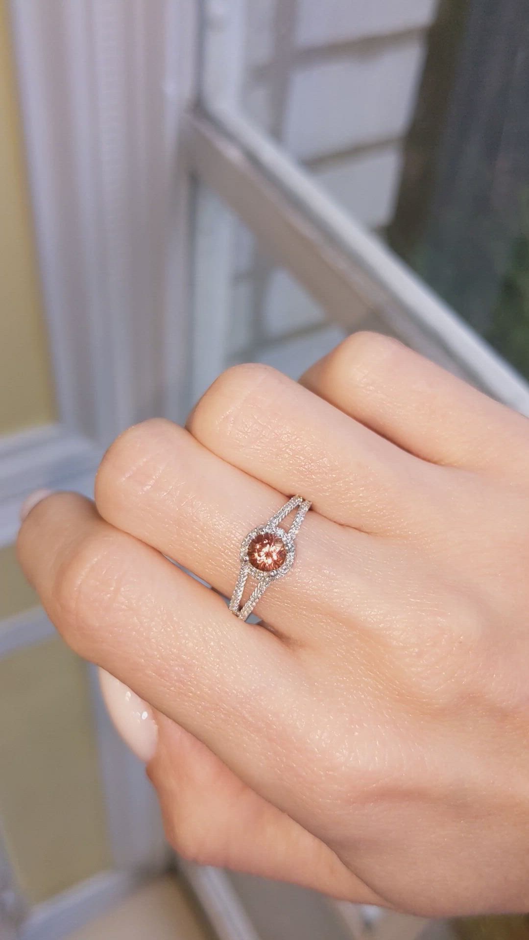 0.70 Ct. Reddish Orange Sapphire and Natural Diamond Pave Ring, 14K White Gold Size Video