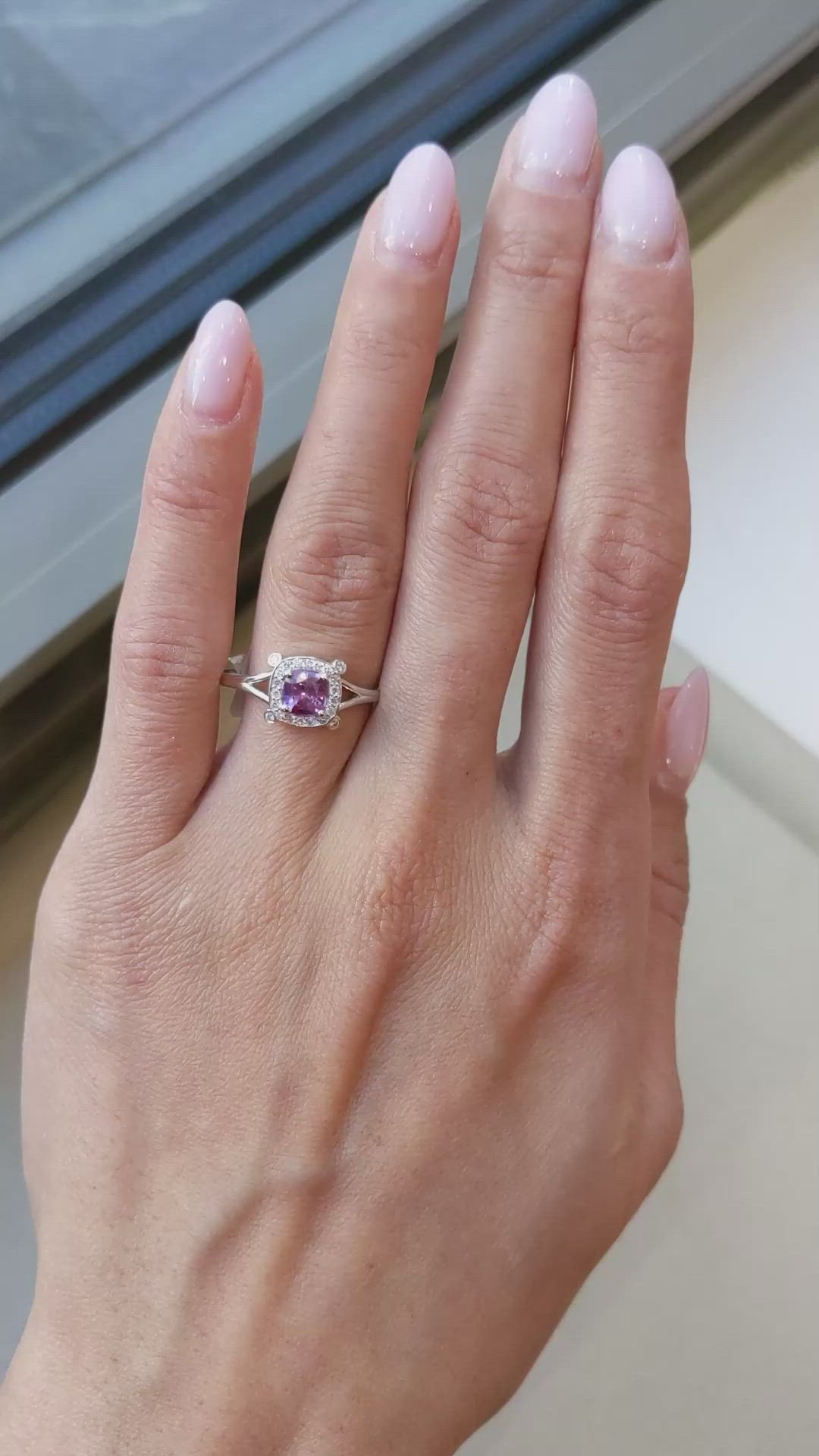 0.90 Ct. Purplish Pink Sapphire and Natural Diamond Antique Style Ring, Platinum 950 Size Video