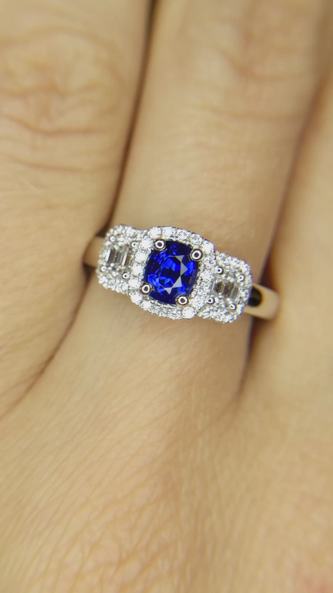 0.67 Ct. Blue Sapphire and Natural Diamond Three Stone Ring, Platinum 950 Size Video