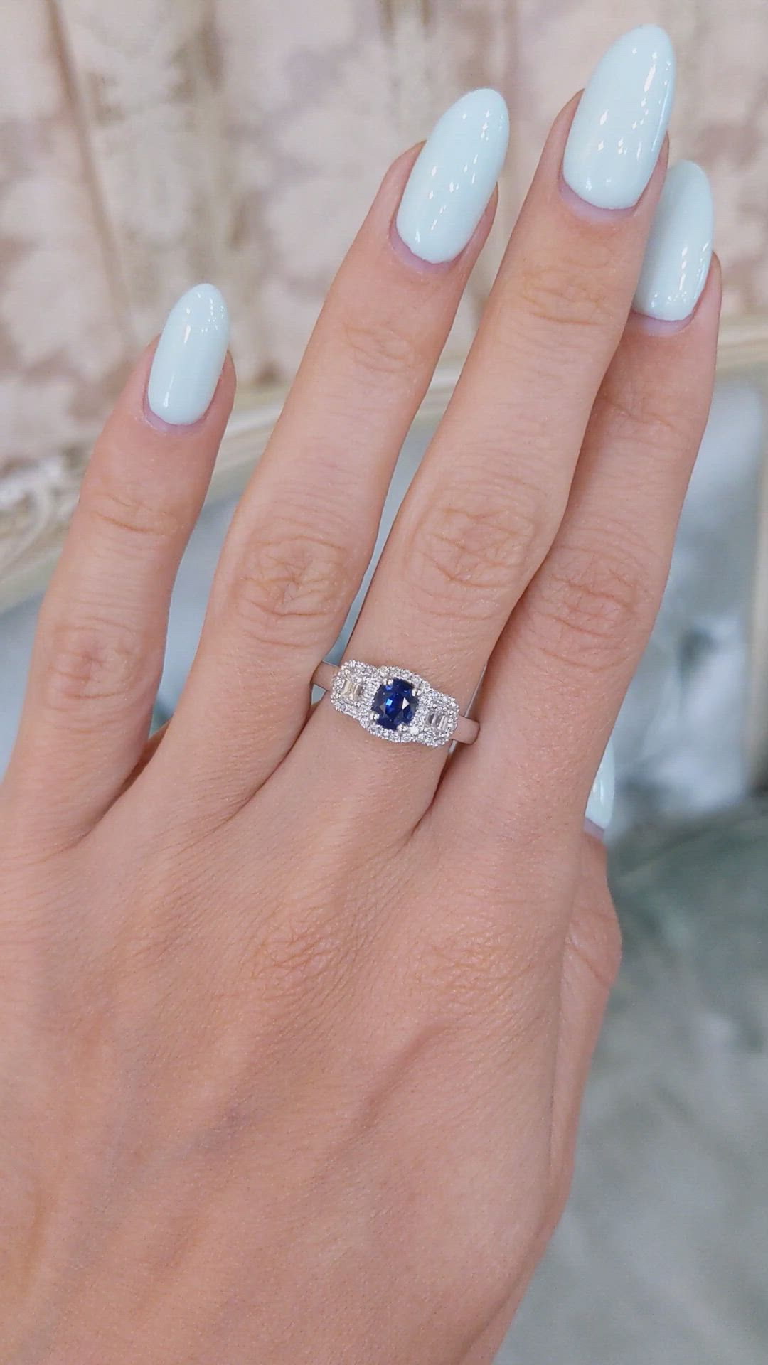 0.67 Ct. Blue Sapphire and Natural Diamond Three Stone Ring, Platinum 950 Size Video