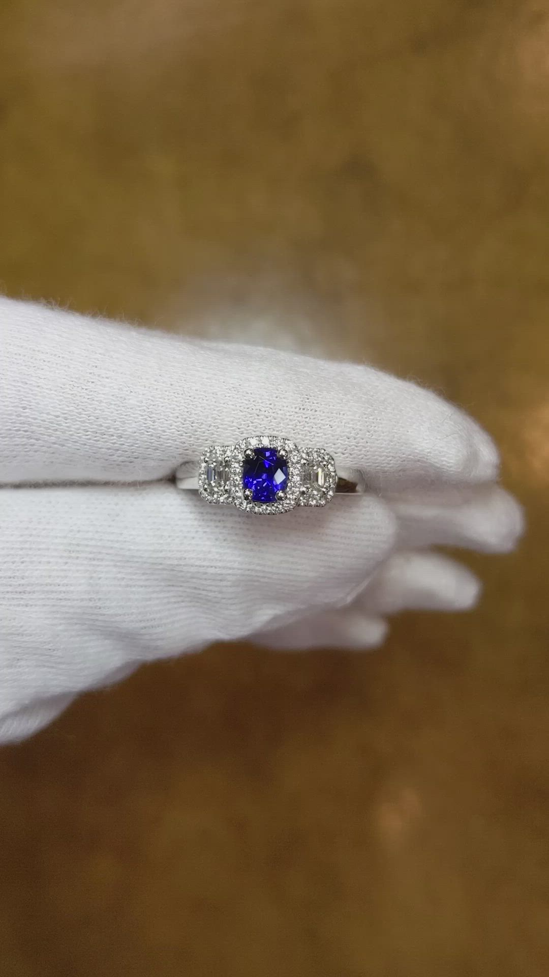 0.67 Ct. Blue Sapphire and Natural Diamond Three Stone Ring, Platinum 950 Size Video